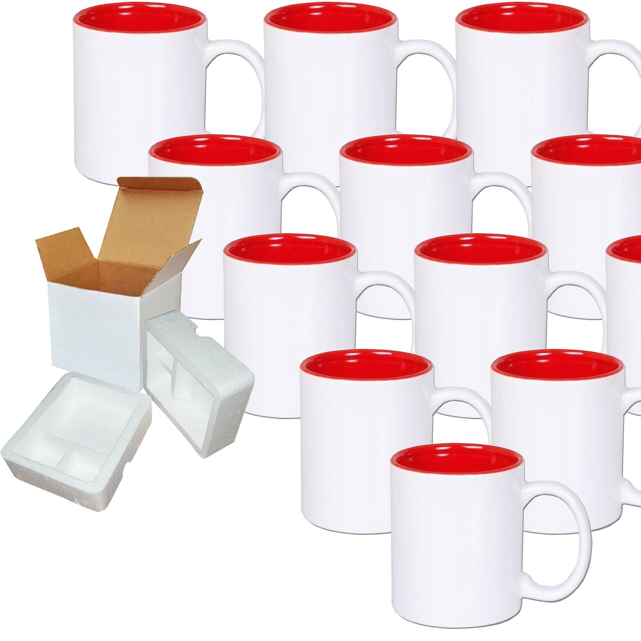 12 PACK 11 oz. RED Inner and WHITE Handle- Ceramic Sublimation Blank Mugs-  Individually Packed in a Protective Gift Box